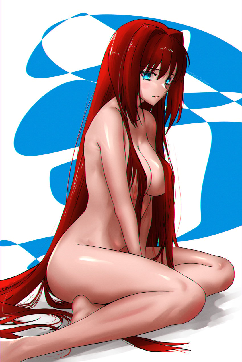 1girls 2024 aozaki_aoko blue_eyes breasts eyebrows eyebrows_visible_through_hair fukou_da_man hair_covering_breasts hair_covering_nipples hair_intakes legs long_hair mahou_tsukai_no_yoru nude red_hair simple_background sitting solo solo_female solo_focus tsukihime type-moon