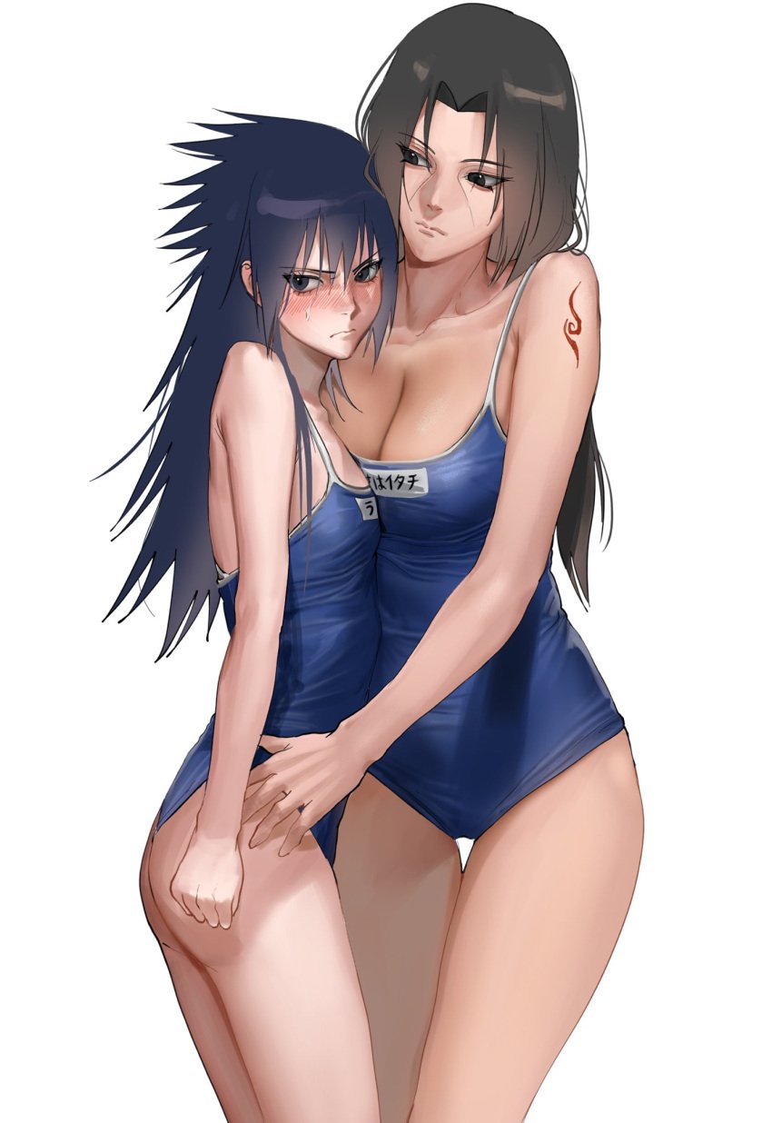 2girls ass bangs black_eyes black_hair blue_one-piece_swimsuit blue_swimsuit blush breast_press breasts cleavage closed_mouth clothing competition_school_swimsuit competition_swimsuit cowboy_shot denggu_5 embarrassed female genderswap_(mtf) high_resolution large_breasts long_hair looking_at_viewer medium_breasts multiple_girls name_tag naruto naruto_shippuden one-piece_swimsuit rule_63 sasuke_uchiha sasuko shiny short_hair siblings simple_background sisters small_breasts standing straight_hair sweatdrop swimsuit tank_suit tattoo thigh_gap thighs uchiha_itachi uchiha_sasuke white_background yuri