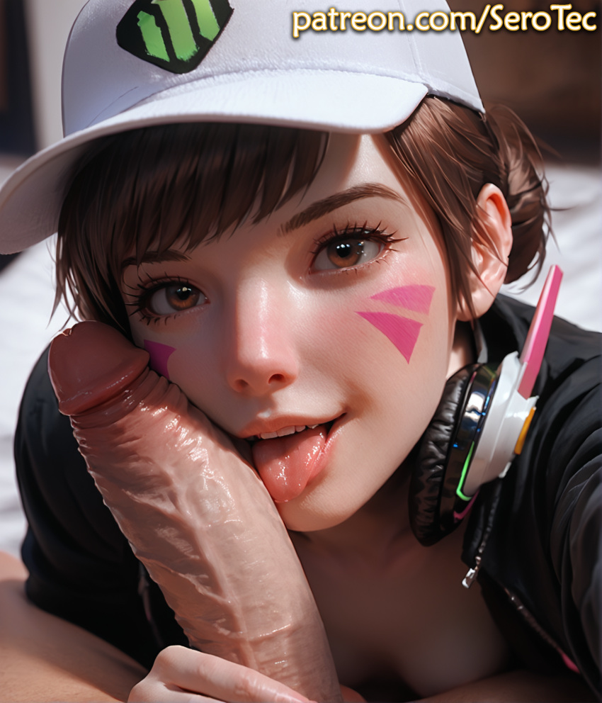 1female 1girls 2d ai_generated athletic athletic_female blush brown_eyes brown_hair cap d.va detailed female female girl hat hi_res high_resolution highres licking licking_penis light-skinned_female light_skin oral overwatch overwatch_2 pony_diffusion_xltasy selfie selfie_pose serotec small_breasts white_cap white_hat white_skin