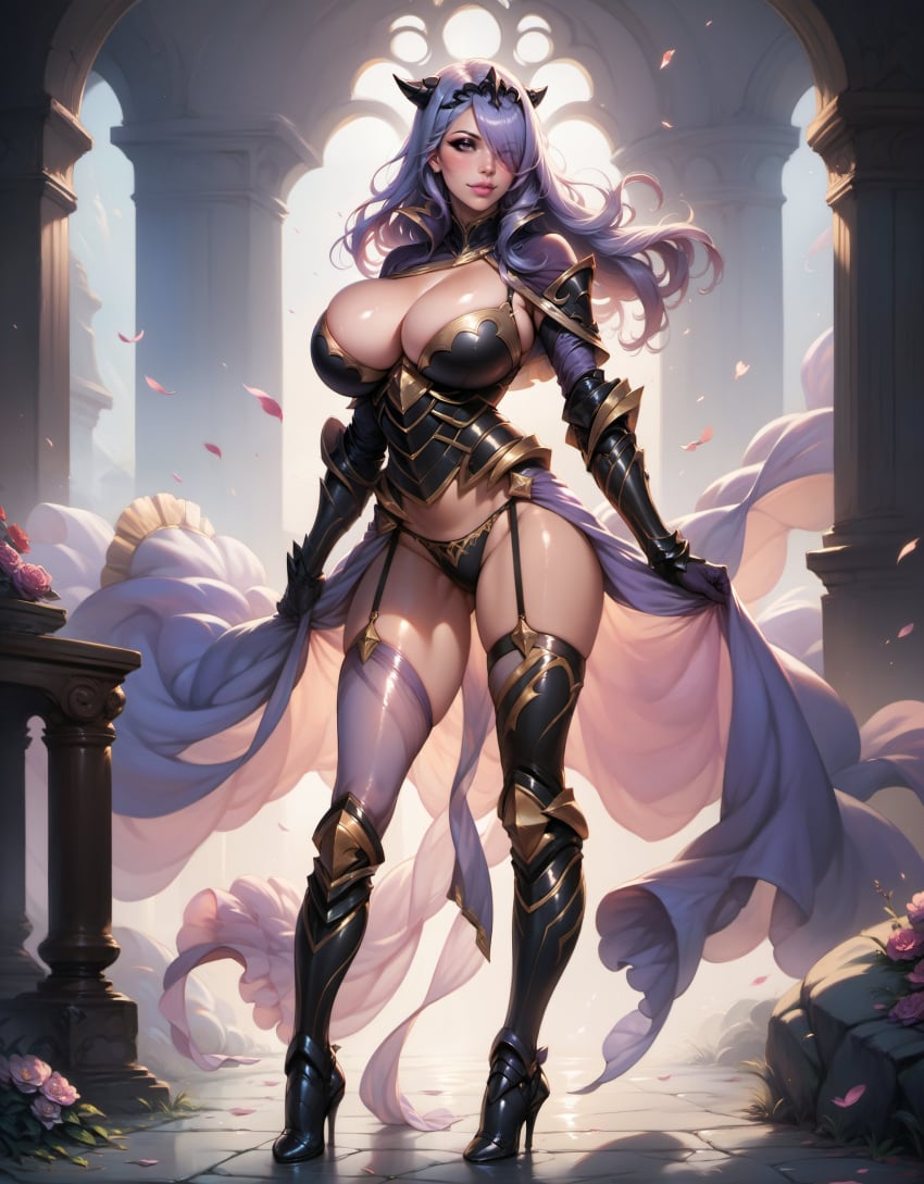 ai_generated armor armor_heels armored_boots female girl high_heels horny huge_breasts league69 purple_hair revealing_clothes textme very_high_heels