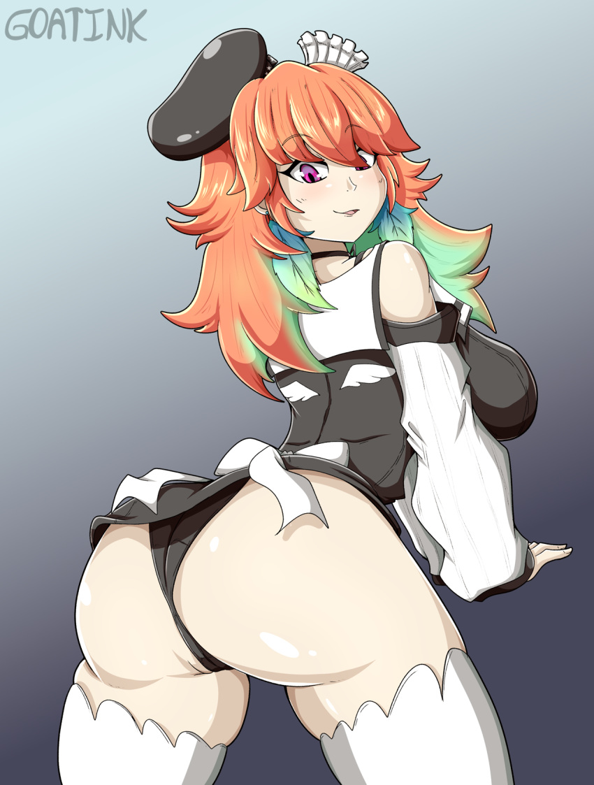 ass_focus big_ass black_dress black_hat black_panties colored_tips fair_skin female goatink hololive hololive_english hololive_myth large_breasts looking_back orange_hair presenting_hindquarters purple_eyes shiny_ass sleeves smile solo takanashi_kiara takanashi_kiara_(1st_costume) thighs virtual_youtuber white_stockings