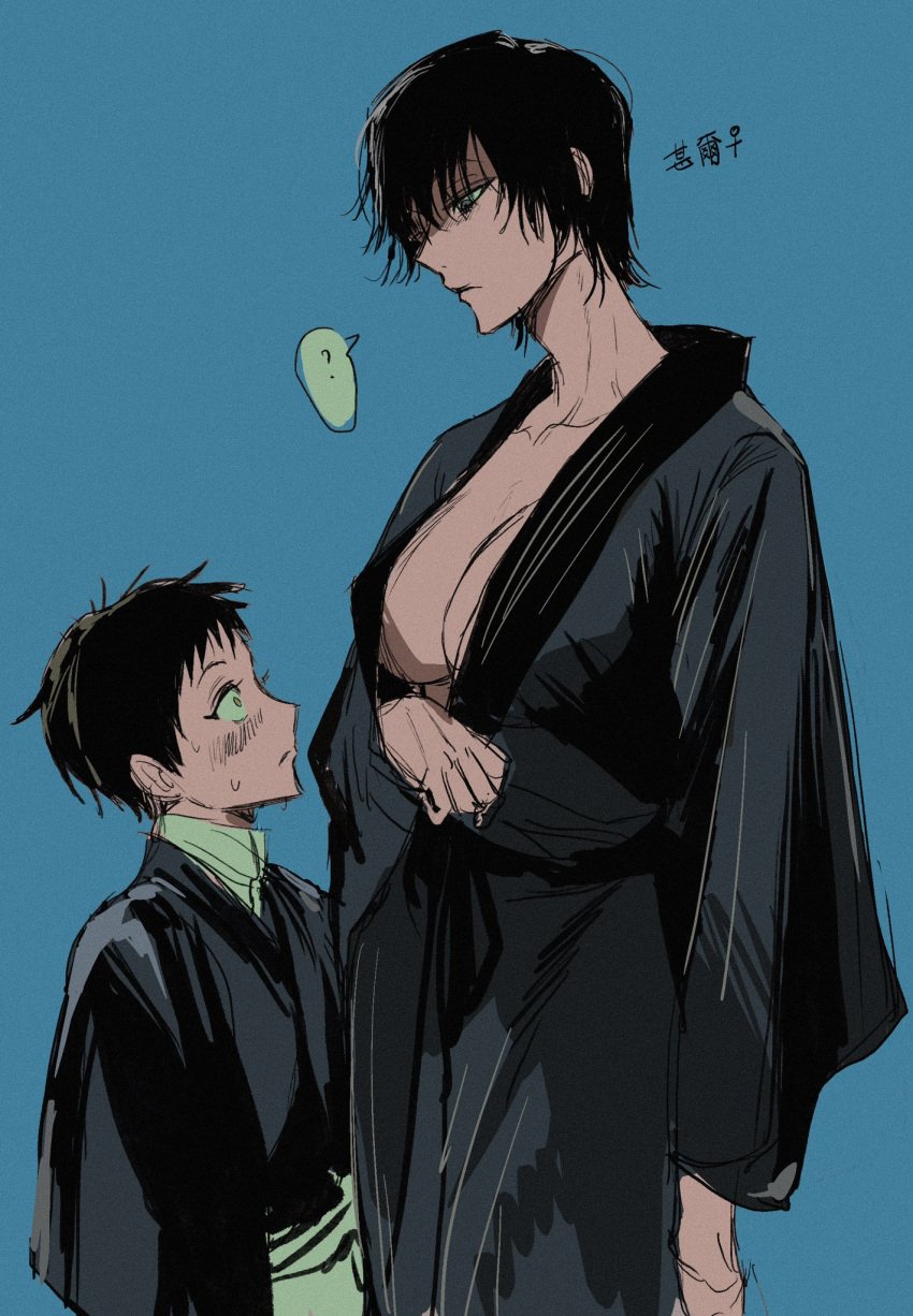 1boy 1girls age_difference big_breasts black_hair blush cleavage dubious_consent eyelashes female genderswap_(mtf) height_difference implied_incest jujutsu_kaisen kimono large_breasts male milf older_female older_woman_and_younger_boy pixie_cut questionable_consent rule_63 short_hair solo_female solo_male staring_at_breasts tagme tagme_(artist) toji_fushiguro tomboy tomboy_milf younger_male zenin_naoya