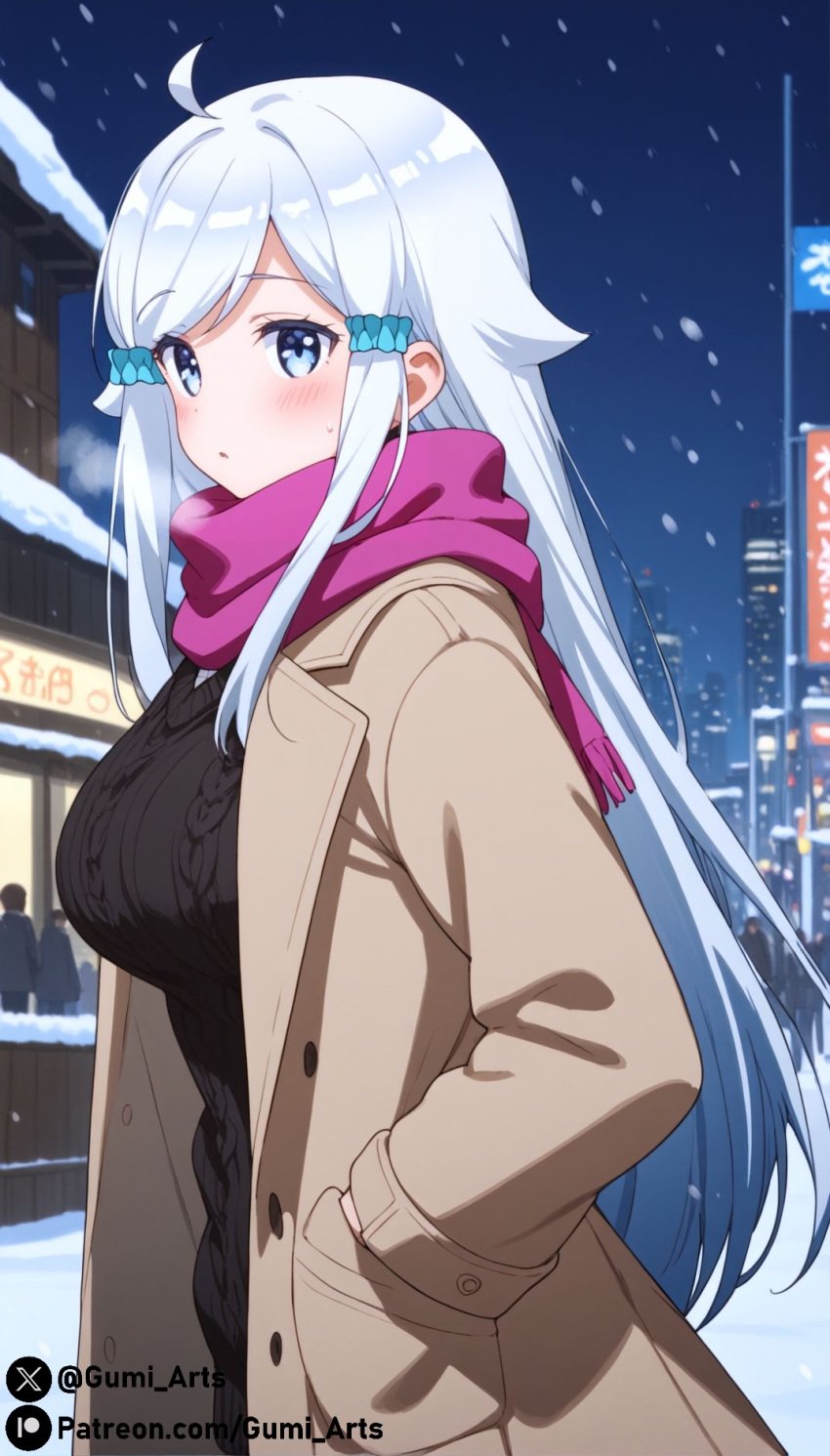 ai_generated blue_eyes blush city coat from_side gumi_arts hair_ornament hair_scrunchie heavy_breathing imouto_sae_ireba_ii kani_nayuta large_breasts long_hair looking_at_viewer night outdoors pink_scarf scarf scrunchie snow snowing stable_diffusion sweater thick_thighs white_hair