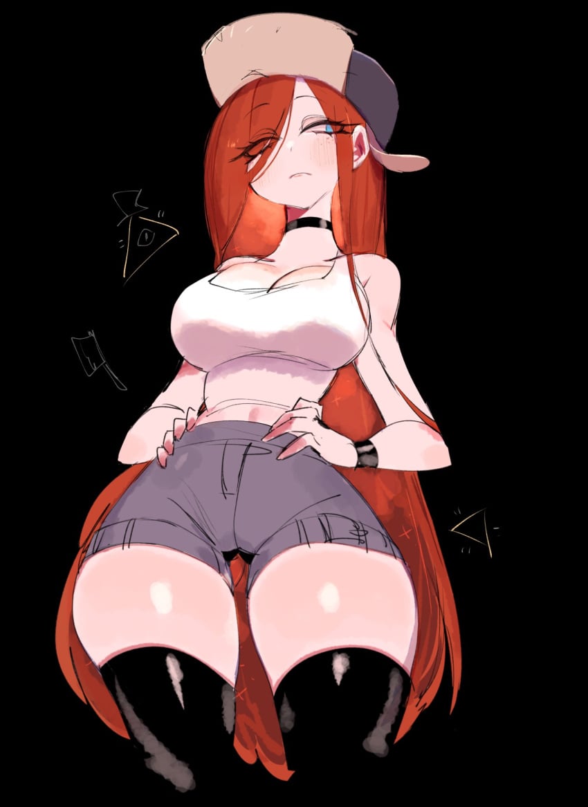 1girls ass_visible_through_thighs bangs bangs_over_one_eye bare_shoulders big_breasts bill_cipher black_choker black_thighhighs blue_eyes blush_lines bracelet breasts choker clothed clothes clothing eyelashes eyes_visible_through_hair female female_only freckles fully_clothed fur_hat ginger ginger_hair gravity_falls gray_shorts hands_on_hips hat hips human human_only large_breasts light-skinned_female light_skin long_hair looking_to_the_side lumberjack_hat midriff pointy_chin red_hair short_shorts solo solo_female tank_top thick thick_thighs thighhighs thighs upper_body usa37107692 very_long_hair wearing_hat wendy_corduroy white_tank_top white_topwear wide_hips