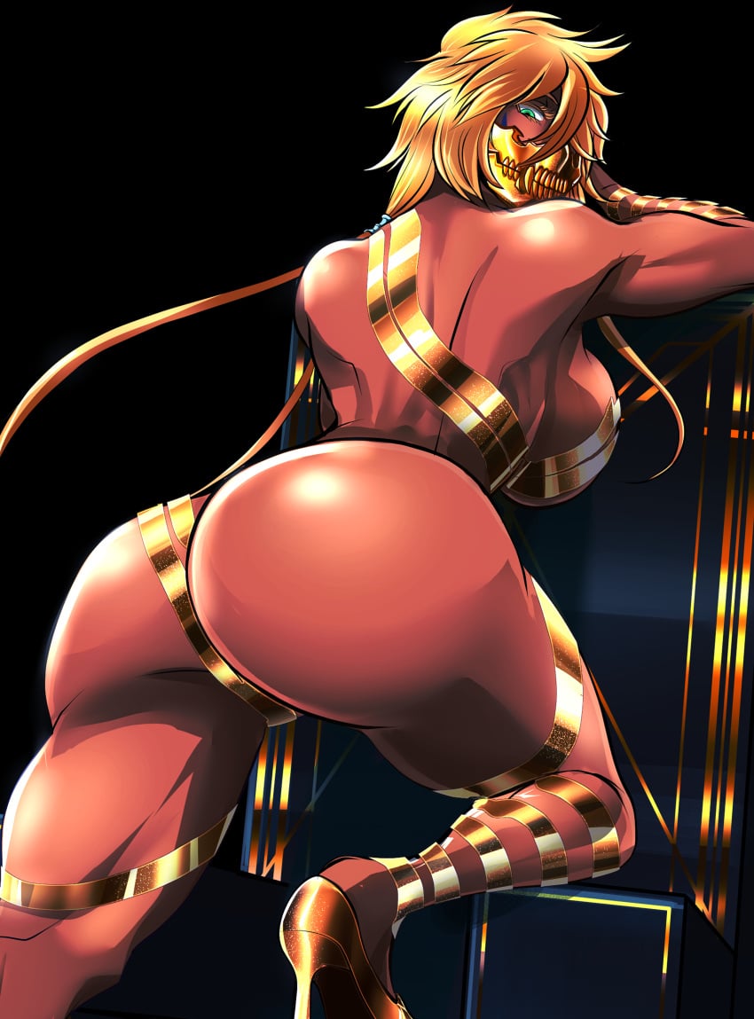 1girls 2024 almost_naked armpits ass ass_focus barely_clothed big_ass big_breasts black_background black_tape_project bleach blonde_hair breasts bubble_butt chair dark-skinned_female dark_skin female female_focus female_only gold_heels gold_mask green_eyes heels hi_res leaning_on_object looking_at_viewer looking_back mask masked masked_female muscular muscular_female shiny_skin short_hair solo solo_female solo_focus soyuzu thick_thighs thighs tia_harribel toned toned_female