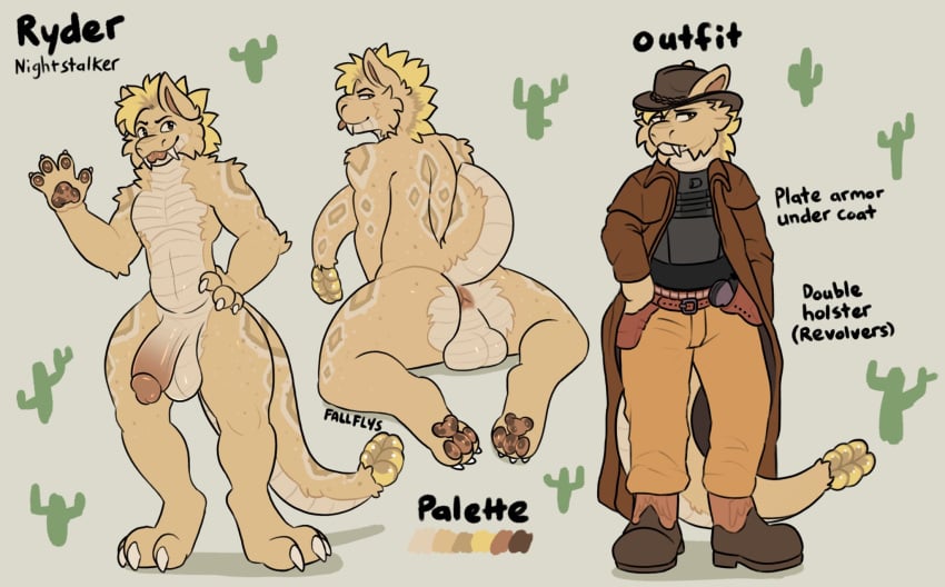 anthro anus balls blep clothing fallflys fallout genitals hi_res humanoid_genitalia humanoid_penis kneeling looking_at_viewer looking_back looking_back_at_viewer male male_focus male_only microsoft model_sheet night_stalker_(fallout) pawpads penis smile solo solo_male standing thick_thighs tongue tongue_out