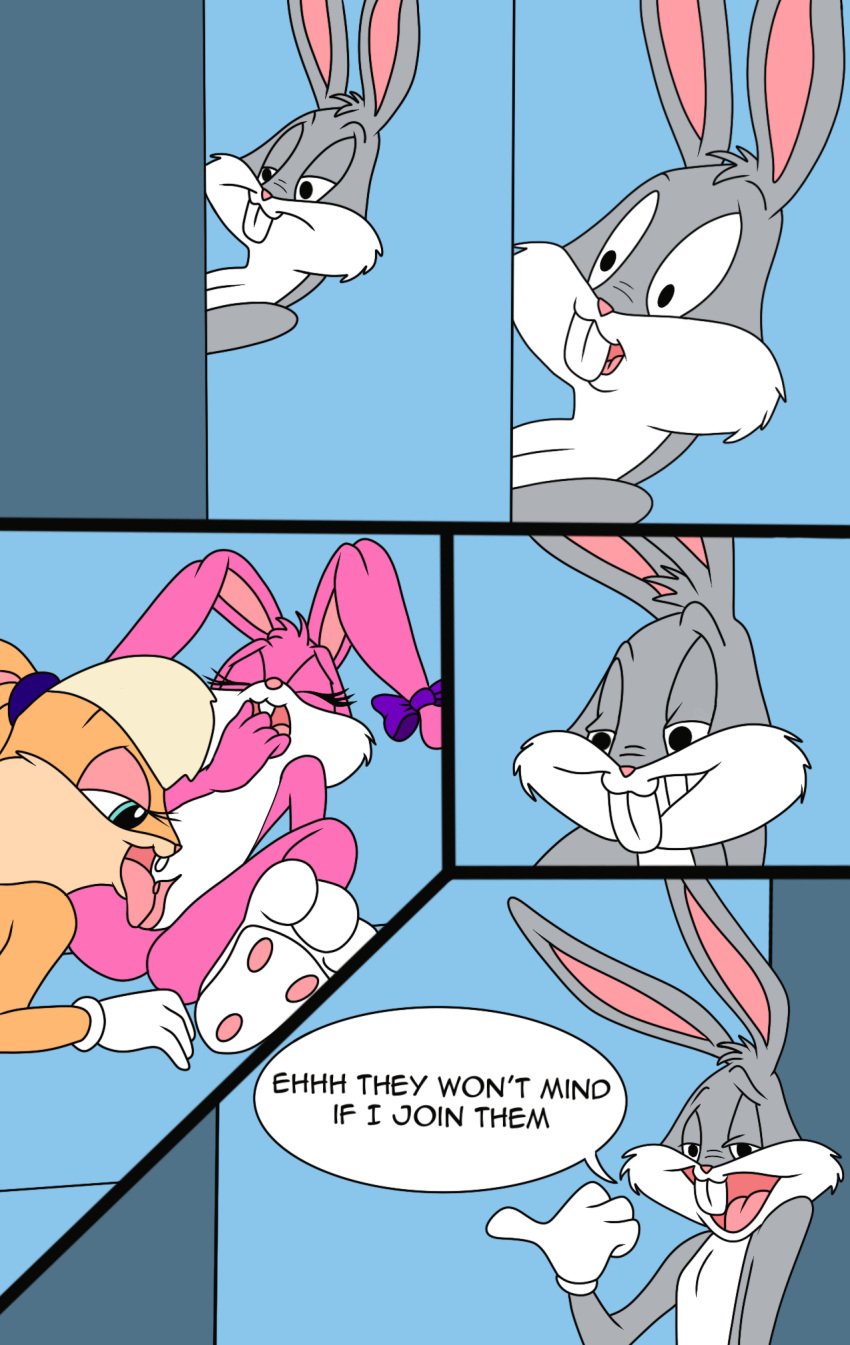 1boy 2girls babs_bunny bugs_bunny comic comic_page lesbian_sex lola_bunny looney_tunes sex threesome tiny_toon_adventures warner_brothers