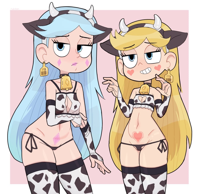 2girls big_breasts breasts cow_ears cow_girl cowbell daughter disney disney_channel disney_xd fake_animal_ears moon_butterfly mother mother_and_daughter multiple_girls pose posing pubic_tattoo rukisan shapes small_breasts star_butterfly star_vs_the_forces_of_evil thighhighs thong white_background