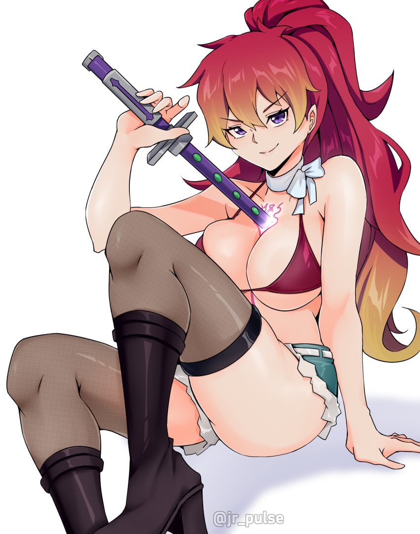 1girls adult ao_no_exorcist big_breasts bikini_top bikini_top_only body_markings boots bra busty cleavage jean_shorts jorts jrpuls3 kirigakure_shura large_boobs large_breasts long_boots long_hair looking_at_viewer orange_highlights purple_eyes red_hair sensual smirk smirking_at_viewer stockings sword thigh_highs thighhighs tied_hair using_magic using_powers voluptuous watermark white_background