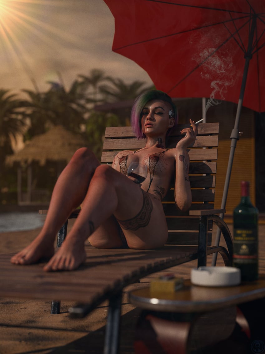 1girls 2024 3d areolae areolae_visible_through_clothing arm_tattoo ashtray asymmetrical_hair beach_hut beach_umbrella black_nail_polish blurry_background blurry_foreground breast_tattoo breasts chest_tattoo cigarette_smoke clitoral_hood clitoris closed_eyes cyberpunk_2077 detailed_background eyeliner female female_only fishnet_bikini fit fit_female girl green_and_purple_hair greengiant3d holding_cigarette holding_glass hut ineffective_clothing judy_alvarez knees_up labia leg_tattoo legs_together light_makeup lipstick lounge_chair lounging nail_polish neck_tattoo nipples nipples_visible_through_clothing outdoor outdoors painted_nails palm_tree palm_trees plump_lips pool pool_chair pussy pussy_visible_through_clothes relaxing see-through see-through_swimsuit shaved_side short_hair shoulder_tattoo side_tattoo sling_bikini smoking smoking_cigarette solo sunbathing tattoos tattoos_everywhere thigh_tattoo underboob_tattoo vulva wine wine_bottle wine_glass