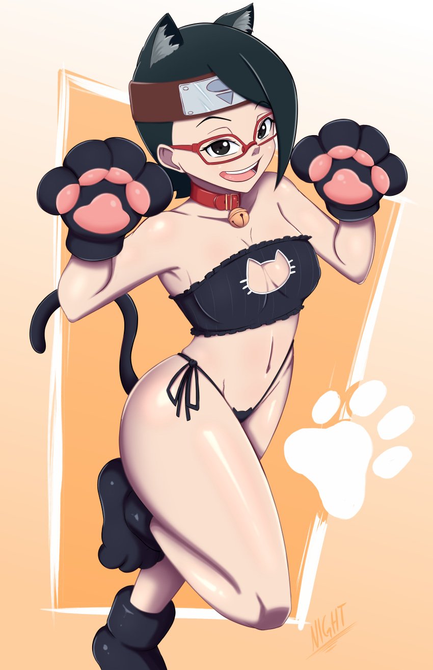 1girls animal_costume animal_ears animal_hands animal_lingerie animal_print animal_tail artist_name bangs bell black_bra black_clothes black_eyes black_hair black_panties black_underwear boruto:_naruto_next_generations bra breasts cat_costume cat_cutout cat_ear_panties cat_ears cat_lingerie cat_tail cleavage cleavage_cutout clothing clothing_cutout collar fake_tail female female_only footwear forehead_protector frilled_bra frilled_underwear frills gloves headband headwear high_resolution jingle_bell kemonomimi_mode konohagakure_symbol large_breasts leg_up lingerie looking_at_viewer medium_breasts meme_attire naruto navel neck_bell nightmare_hdraw open_mouth orange_background pantsu paw_gloves paw_pose paw_print paw_shoes paws red-framed_eyewear red_collar sarada_uchiha shoes short_hair side-tie_panties smile solo standing standing_on_one_leg strapless strapless_bra swept_bangs tail uchiha_sarada underwear underwear_only very_high_resolution