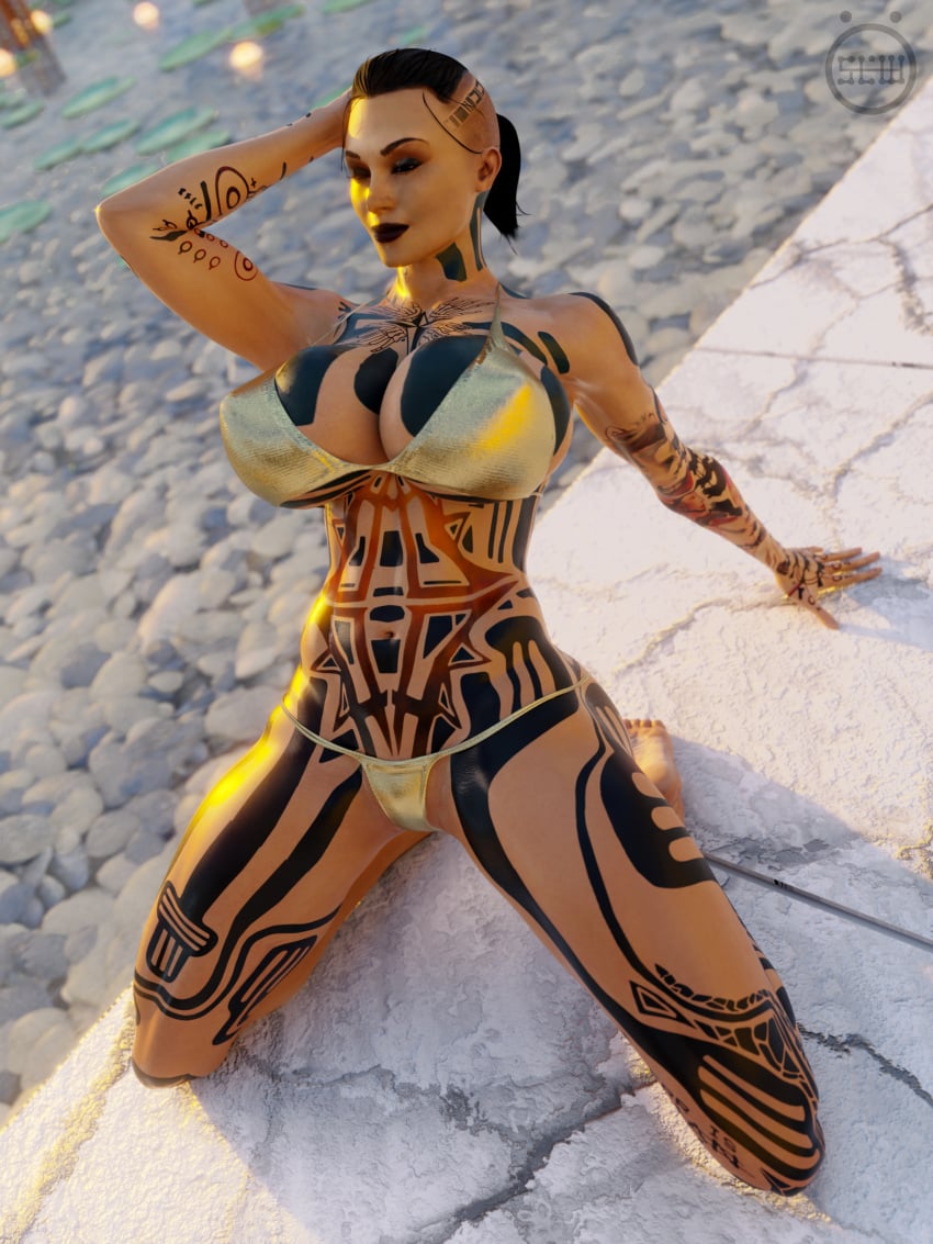 1female 3d abs athletic_female big_breasts bikini black_lipstick covered_in_tattoos female_only gold_bikini jack_(mass_effect) kneeling mass_effect medium_hair outside ponytail poolside self_upload skindentation slow_(artist) swimwear tattoo undercut