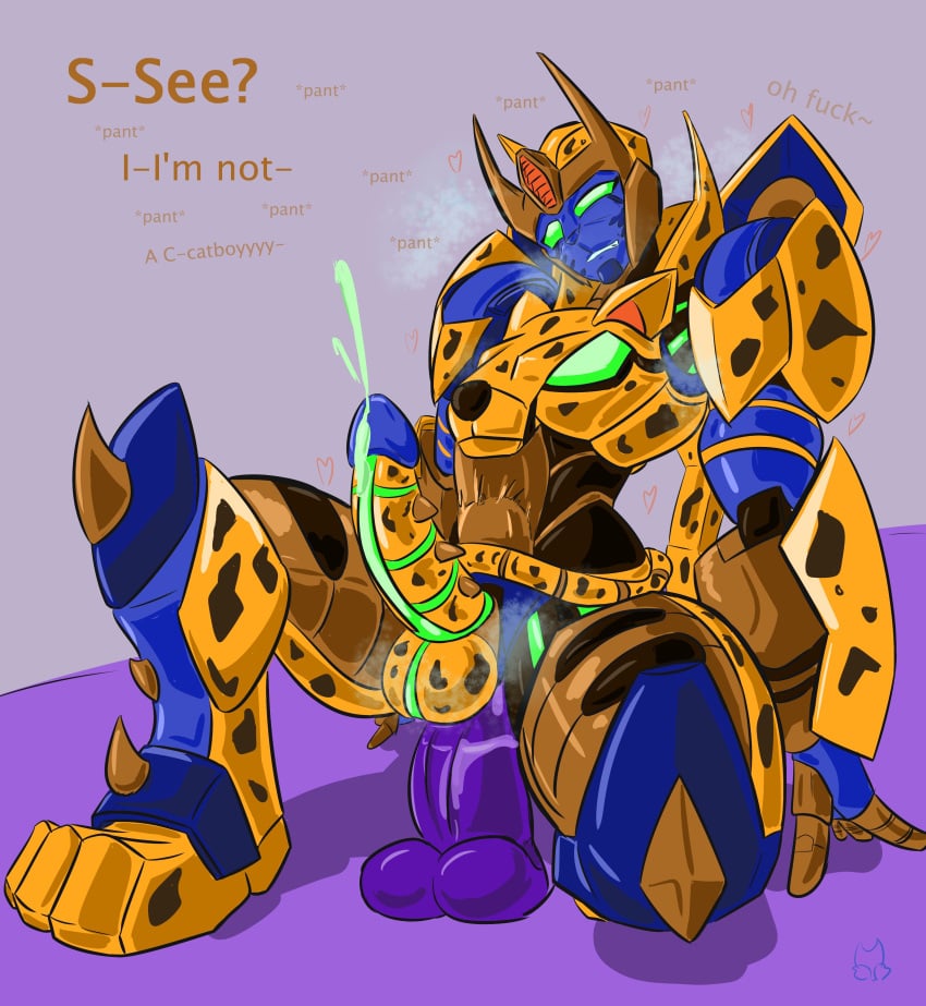 1boy anal anal_sex balls beast_wars big_dildo catboy cheetah cheetor cumming cybertronian dildo femboy green_eyes honooafterdark kneeling male penis robot sitting solo_male text transformers unusual_penis