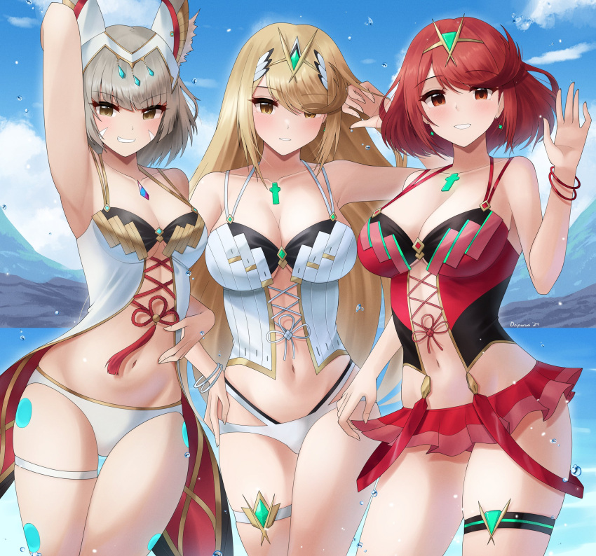 3girls big_breasts bikini_bottom bracelet bracelets breasts cat_ears catgirl core_crystal doiparuni grin grinning leg_strap midriff mythra mythra_(xenoblade) nia nia_(xenoblade) pyra pyra_(xenoblade) small_boobs swimsuit thigh_strap waving waving_at_viewer xenoblade_(series) xenoblade_chronicles_2