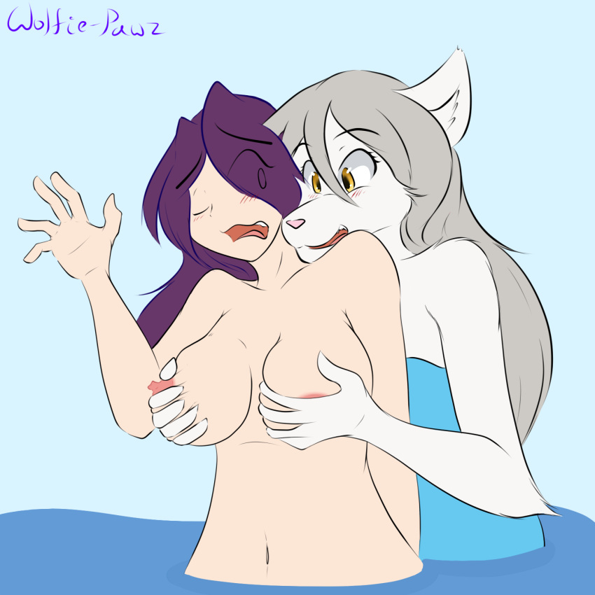 2018 anthro areola big_breasts blush breast_grab breast_play breasts canine clothing duo english_text eyebrows eyelashes female fur hair hand_on_breast hot_spring human human_on_anthro interspecies long_hair mammal maren_taverndatter navel nipples nude one_eye_closed open_mouth raine_(twokinds) shirt shocked signature simple_background standing sucking surprise teeth text tongue twokinds water white_fur wolf wolfie-pawz yuri