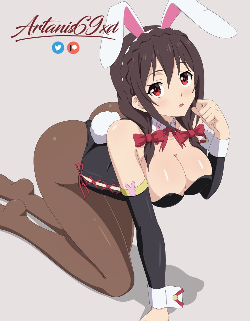 1girls 2021 absurd_res all_fours arm_sleeves artanis69 artist_signature breasts brown_hair bunny_ears bunny_tail bunnysuit detached_collar female female_only hair_ribbon kono_subarashii_sekai_ni_shukufuku_wo! leaning_on_hand looking_at_viewer pantyhose red_eyes solo twintails wrist_cuffs yunyun_(konosuba)