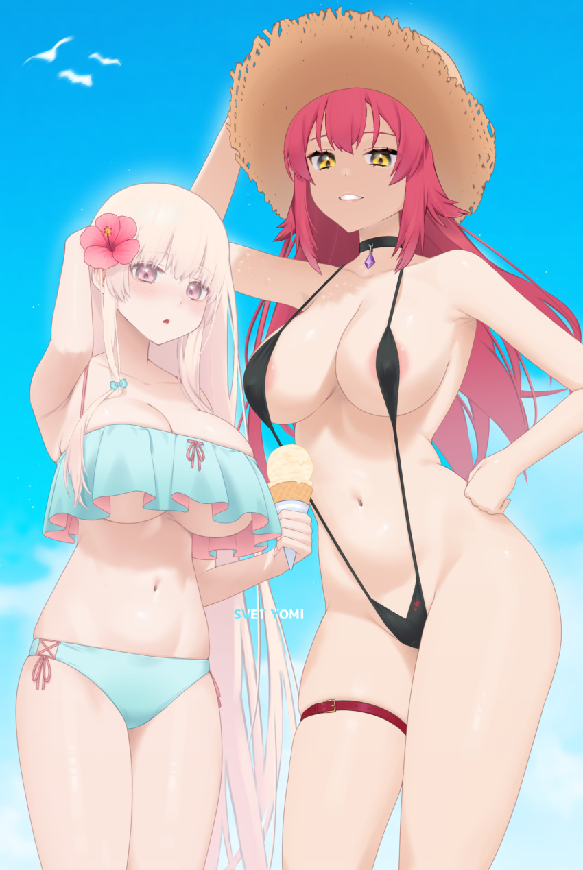 2girls :o absurd_res absurdres aqua_bikini aqua_bikini_bottom aqua_bikini_top aqua_hair_ribbon aqua_ribbon aqua_swimsuit aqua_swimwear areola_bulge areola_slip areolae areolae_slip armpits bare_armpits bare_arms bare_back bare_belly bare_breasts bare_chest bare_hands bare_hips bare_legs bare_midriff bare_navel bare_shoulders bare_skin bare_thighs bare_torso belly belly_button bikini bikini_bottom bikini_top black_bikini black_choker black_one-piece_swimsuit black_swimsuit black_swimwear blanche_neige_(svet_yomi) blue_sky breasts choker cleavage cleft_of_venus clouds collarbone curvy curvy_ass curvy_body curvy_female curvy_figure curvy_hips curvy_thighs day daylight daytime dot_nose elbows female female_focus female_only fingers flower flower_hair_ornament groin hair_between_eyes hair_ornament hair_ribbon half_naked hand_on_head hand_on_hip hand_on_own_head hand_on_own_hip hand_on_own_waist hand_on_waist hat high_resolution highres hourglass_figure ice_cream ice_cream_cone knees large_breasts legs light-skinned_female light_skin lips long_hair looking_at_viewer multiple_females multiple_girls naked naked_female navel nipple_bulge nude nude_female one-piece_swimsuit original outdoor outdoors outside parted_lips pink_eyebrows pink_eyes pink_eyes_female pink_hair pink_hair_female pussy ribbon shoulders sideboob simple_background sky slender_body slender_waist slim_girl slim_waist smile smiling smiling_at_viewer sorath_(svet_yomi) standing straw_hat svet_yomi swimsuit swimwear thick_thighs thighband thighs thin_waist underboob upper_body v-line white_hair white_hair_female wide_hips yellow_eyes yellow_eyes_female