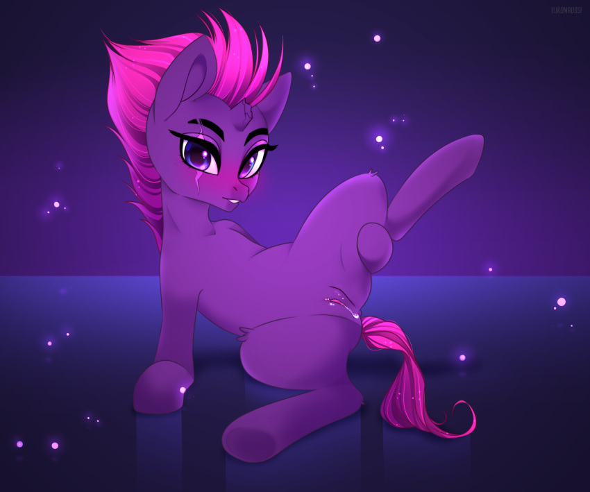 2018 broken_horn clitoris equine female feral fizzlepop_berrytwist_(mlp) hair horn looking_at_viewer mammal my_little_pony my_little_pony_the_movie presenting presenting_pussy pussy pussy_juice solo tempest_shadow_(mlp) unicorn yukomaussi