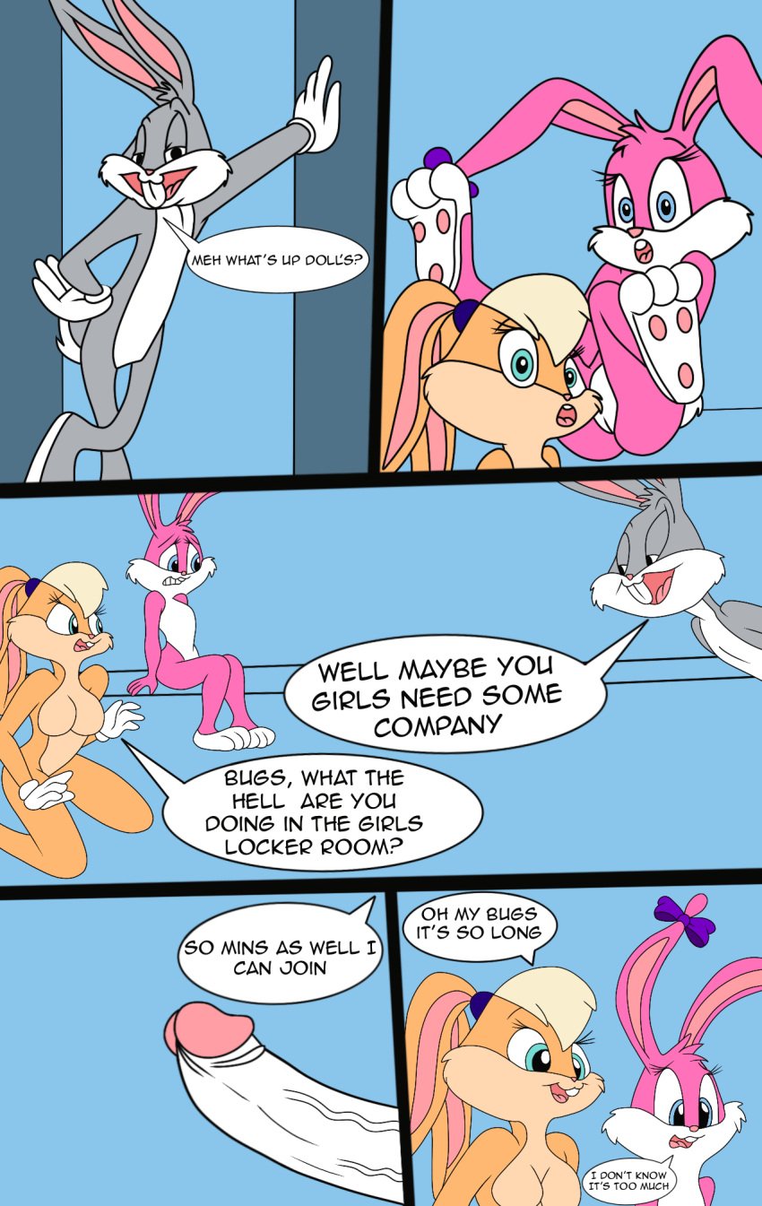 1boy 2girls babs_bunny bugs_bunny cartoon comic comic_page lesbian_sex lola_bunny looney_tunes sex threesome tiny_toon_adventures warner_brothers