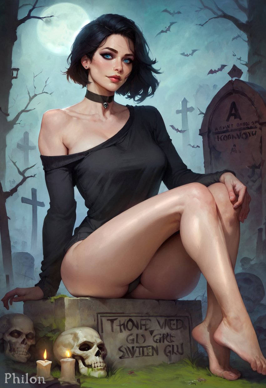 1girls ai_generated ass bare_legs bare_shoulders bare_tree barefoot bat_(animal) black_choker black_hair black_panties black_shirt blue_eyes breasts candle choker collarbone cross doomer_girl earrings feet fingernails full_body full_moon grave graveyard jewelry legs lips long_sleeves looking_at_viewer makeup medium_breasts meme moon nail_polish night nose off_shoulder outdoors panties philon piercing realistic shirt short_hair sitting skull solo stable_diffusion stud_earrings thighs toenails toes tombstone tree underwear