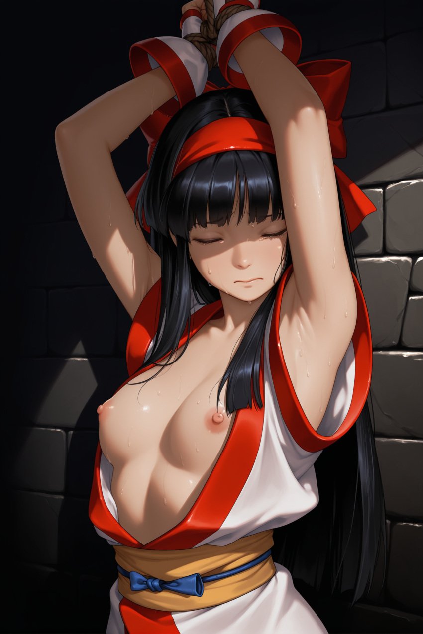 1girls arms_up black_hair breasts breasts_out closed_eyes female female_only fingerless_gloves gloves hair_ribbon highres king_of_fighters long_hair medium_breasts nakoruru nipples ribbon samurai_shodown snk solo sweat tied_up