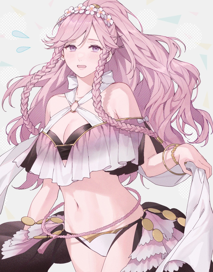 1girls ai_tkkm alternate_costume bare_shoulders bikini blush braid breasts cleavage female female female_only fire_emblem fire_emblem_awakening fire_emblem_heroes hairband highres large_breasts long_hair looking_at_viewer navel nintendo off-shoulder_bikini off_shoulder official_alternate_costume olivia_(fire_emblem) olivia_(summer)_(fire_emblem) pink_bikini pink_hair ponytail smile solo swimsuit twin_braids white_bikini white_swimsuit