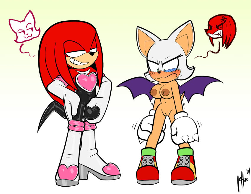 2024 absurd_res alternate_costume angry anthro bat blush body_swap boots breasts bulge bulge_grab clothed clothing clothing_swap crossdressing duo echidna embarrassed female fist footwear fur genitals gloves handwear hi_res high_heeled_boots high_heels knuckles_the_echidna lettuce_(artist) male mammal mind_swap monotreme mostly_nude nipples pussy red_body red_fur rouge_the_bat sega smile smirk smug sonic_(series) sonic_the_hedgehog_(series) to white_body white_fur wings