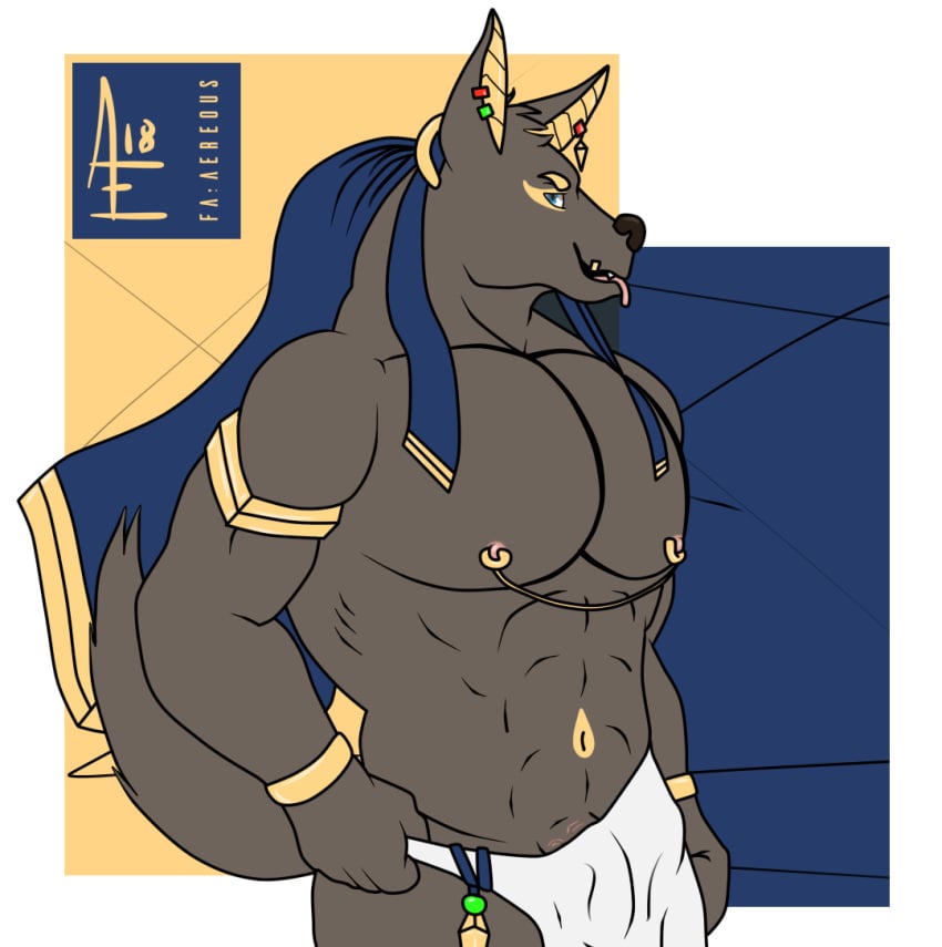 aereous anthro anubian_jackal anubis biceps black_fur bulge canine deity digital_media_(artwork) egyptian facial_piercing fur hi_res humanoid_penis jackal male male_only mammal muscular muscular_male nipples nude pecs penis piercing simple_background solo vein