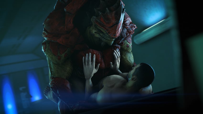 2018 3d 5_fingers alien ambiguous_penetration bara commander_shepard duo gay hand_on_chest human humanoid imminent_sex interspecies krogan lying male male/male male_only maleshep mammal mass_effect missionary_position muscular muscular_male on_back penetration rooking sex size_difference source_filmmaker urdnot_wrex video_games