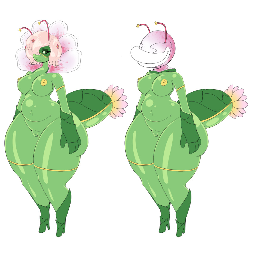 accessory breasts clothing elemental_creature female flora_fauna flower flower_in_hair footwear green_eyes hair hair_accessory hi_res high_heels petals plant solo thick_thighs thorax weird wide_hipped_female zenarator_(artist)