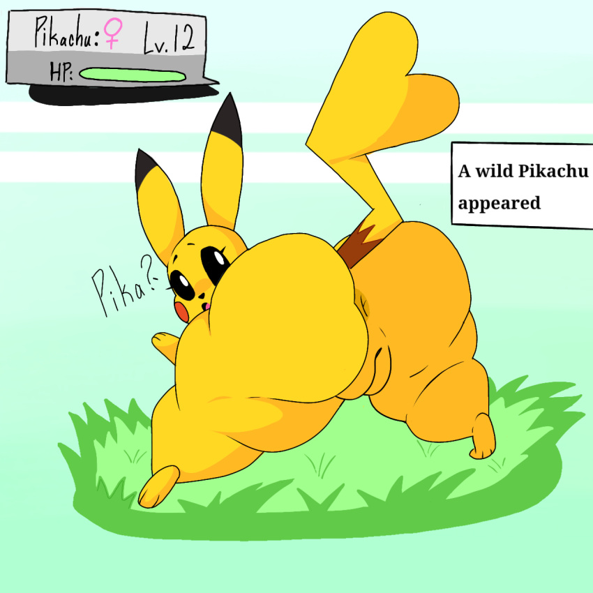 anthro anus anus_peek ass_bigger_than_head ass_focus black_eyes black_hair blush brown_fur confused_look fat_ass furry grass heart_tail huge_ass japansadface looking_at_viewer looking_back pikachu pokémon_(species) pokemon pussy text yellow_fur