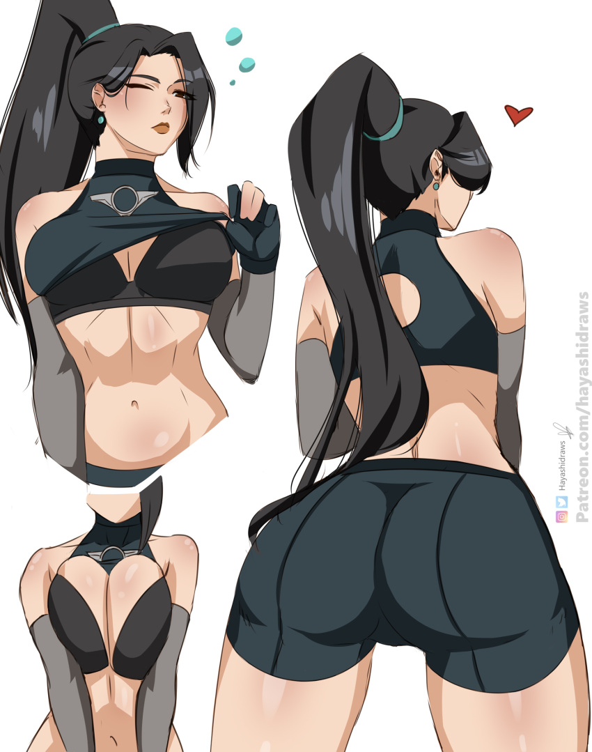 ass_focus big_ass big_breasts fit_female hayashidraws lifting_shirt ling_ying_wei long_hair perfect_body sage_(valorant) short_shorts showing_breasts squeezing_breast tight_clothing valorant wide_hips