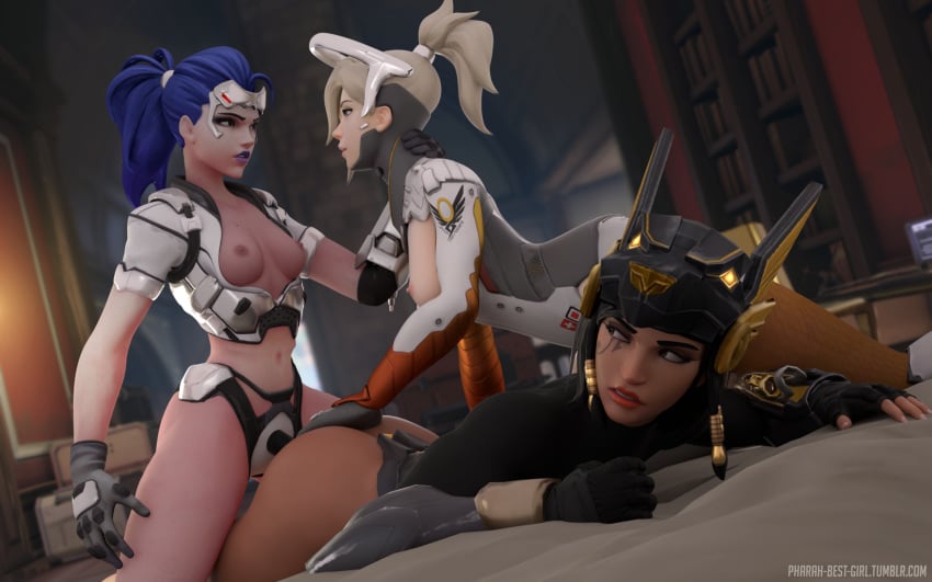 16:10 3d 3girls alternate_costume anubis_pharah assisted_sex black_eyes black_hair blender clothed_sex dark-skinned_female dark_skin dildo female female_only fingerless_gloves gloves group_sex helmet high_resolution human human_only imminent_kiss light-skinned_female light_skin mercy multiple_girls neck_grab overwatch pharah pharah-best-girl power_armor sex sex_toy strap-on talon_widowmaker threesome widowmaker yuri