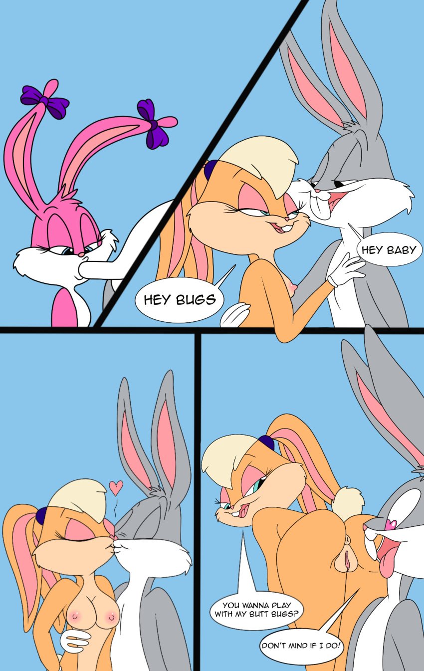 1boy 2girls ass babs_bunny bugs_bunny comic comic_page lesbian_sex lola_bunny looney_tunes sex threesome tiny_toon_adventures warner_brothers