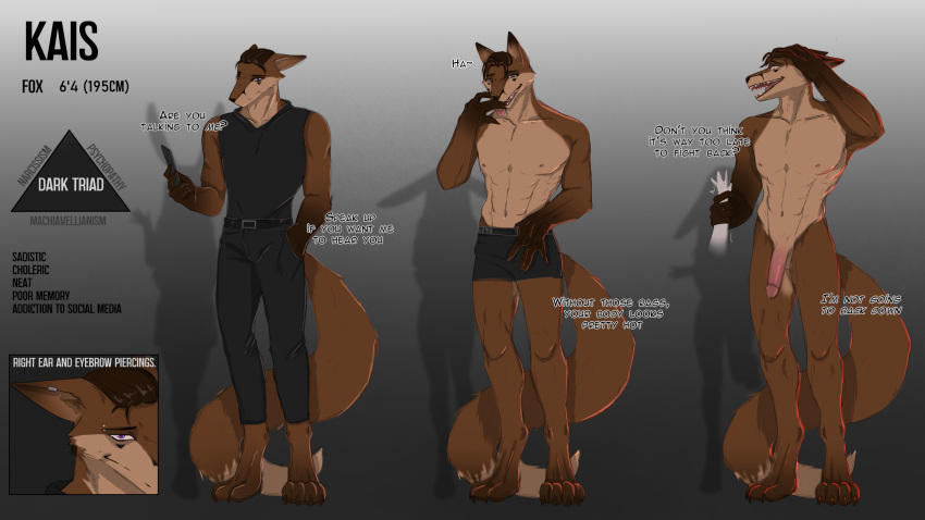 anthro balls canid canine character_name clothed clothing digital_media_(artwork) english_text fingers fox fur genitals hair hi_res kais_(yourumi) lagomorph leporid looking_at_viewer male mammal model_sheet nipples nude open_mouth penis piercing reference_image sadism sadistic_smile simple_background smile solo standing tail text topwear true_fox yourumi