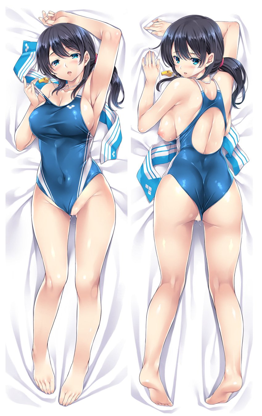 1girls armpits backboob breasts dakimakura feet full_body mizuhara_yuu nipples on_back on_stomach pussy_juice sideboob solo swimsuit tagme