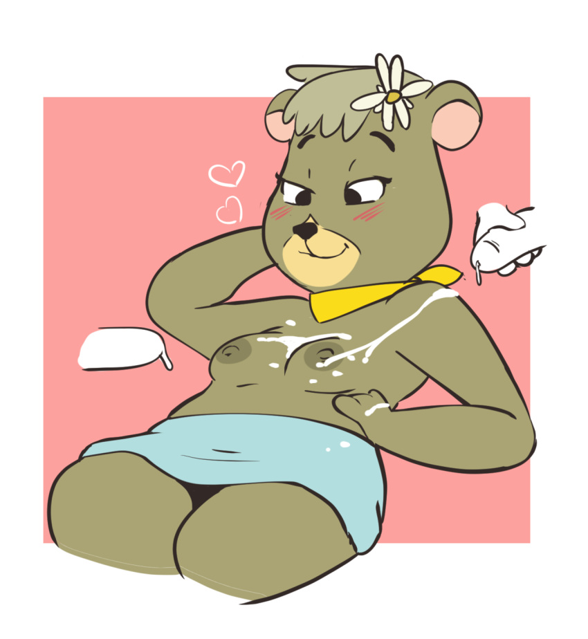 anthro areolae bear blush breasts cindy_bear cum cum_on_body cum_on_breasts cum_on_upper_body disembodied_penis female female_focus flower hair_flower hand_behind_head hand_on_hip hanna-barbera nipples skirt smile solo_focus sprocket_(artist) topless yogi_bear