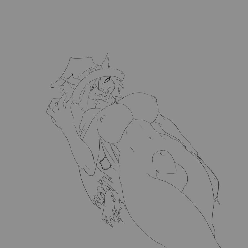 2018 anthro ass balls big_breasts big_butt breasts dickgirl feline feline female hair intersex invalid_tag lugen_kobold mammal nipples simple_background sketch solo wide_hips