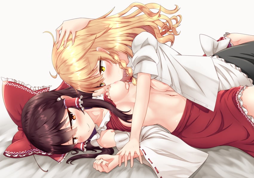 2girls bed black_hair blonde_hair blush braid breast_sucking breasts collarbone hair_ornament hair_ribbon hand_on_head highres marisa_kirisame multiple_girls navel nipples no_bra rankasei red_eyes reimu_hakurei ribbon shirt_lift simple_background small_breasts smile touhou white_background yellow_eyes yuri