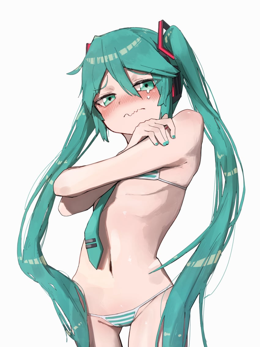 1girls armpits belly_button bikini blush covering crying female female_focus female_only hatsune_miku hatsune_miku_(collared_bikini) ki_romaru long_hair looking_at_viewer nail_polish sad simple_background small_breasts solo solo_female solo_focus striped_bikini tearing_up tears tie twintails vocaloid white_background