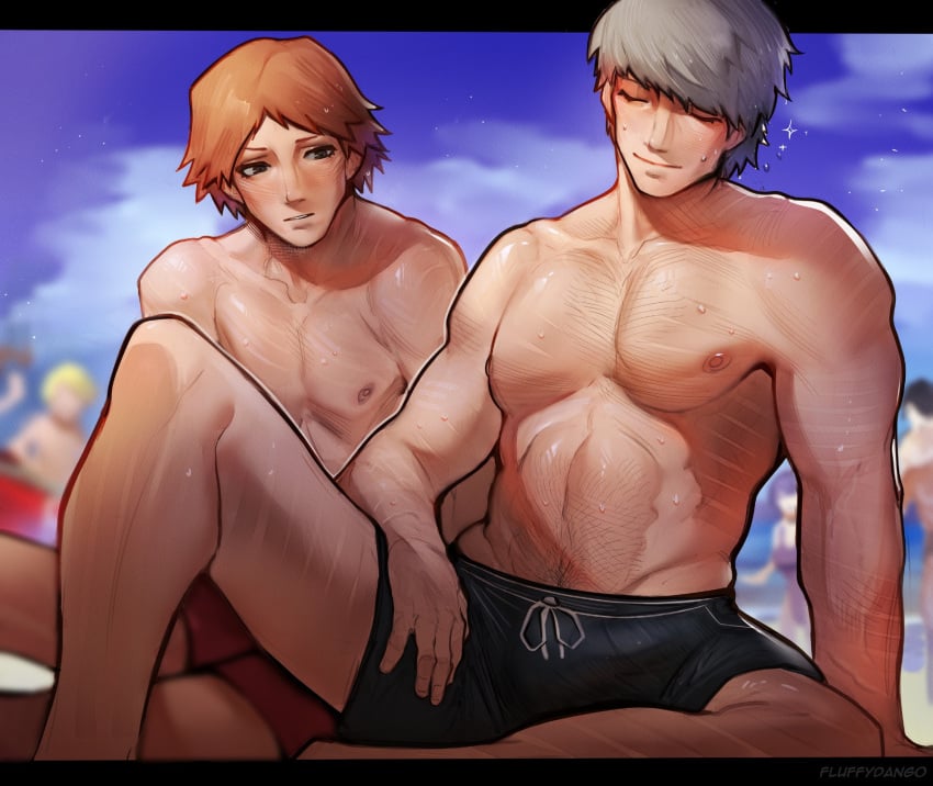 bulge fluffydango hanamura_yousuke narukami_yu persona persona_4 swimwear yaoi