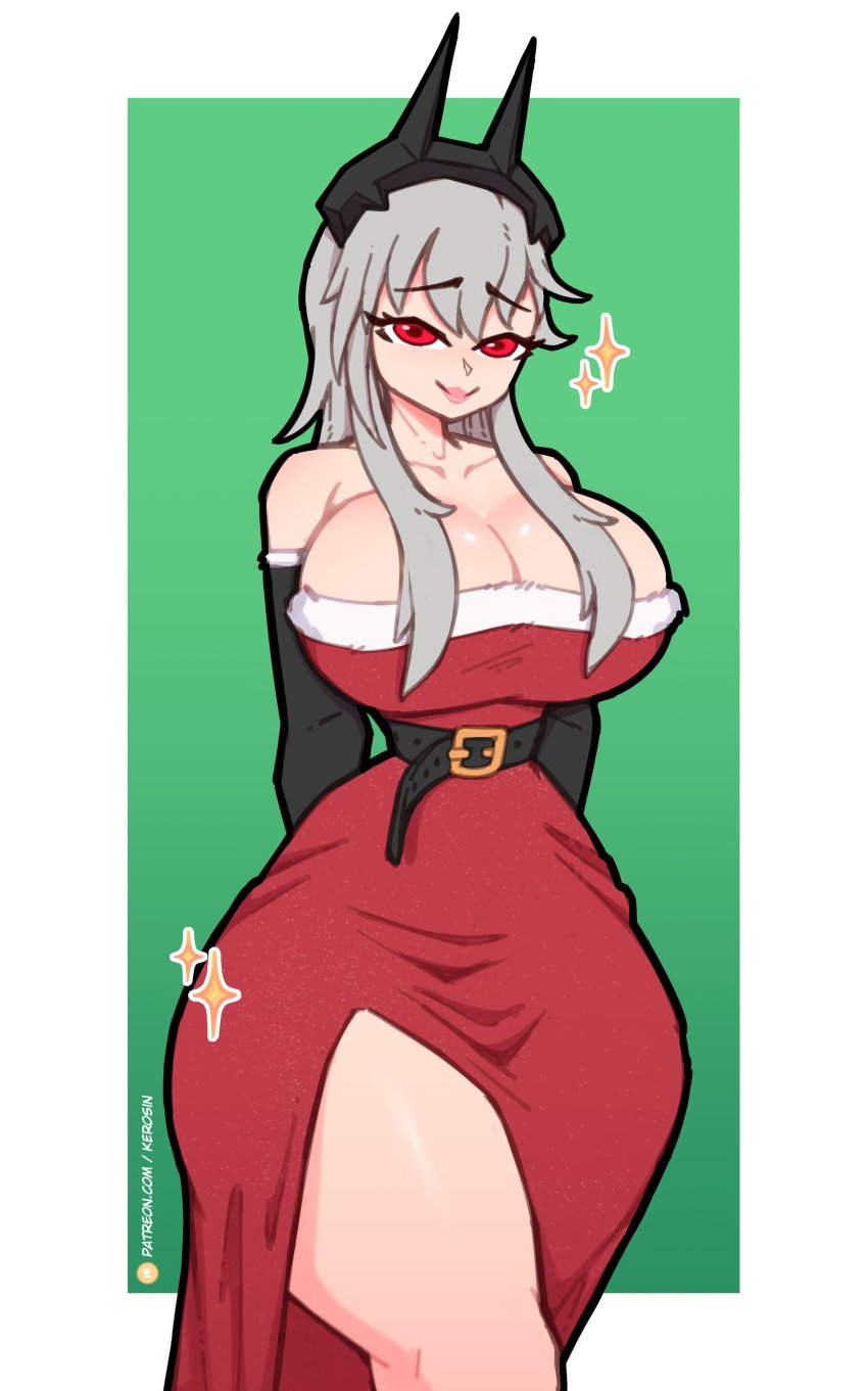 2d armwear big_breasts breasts christmas cleavage curvy dress eyebrows_visible_through_hair fortnite fortnite:_battle_royale hairband kerosin lexa_(fortnite) light-skinned_female light_skin long_hair looking_at_viewer princess_lexa_(fortnite) red_eyes simple_background tagme thick_thighs thighs white_hair