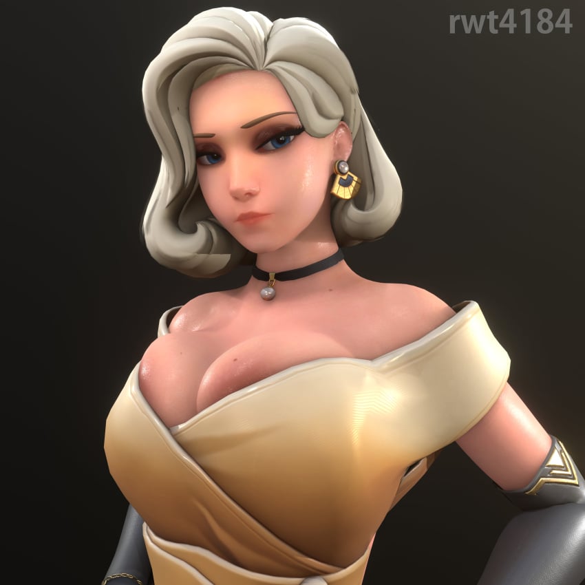 1girls 3d angela_ziegler armwear blizzard_entertainment blonde_hair blue_eyes breasts choker cleavage earrings female female female_only light-skinned_female light_skin looking_at_viewer mercy overwatch overwatch_2 rwt4184 solo solo_female tagme