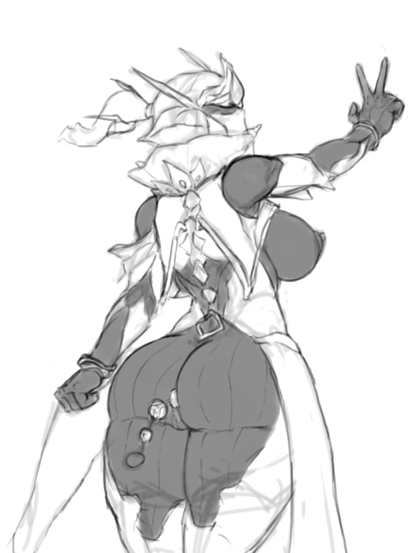 1girls 2d anal_beads big_ass big_breasts female_only hacking_piece helmet monochrome peace_sign presenting_ass protea_prime_(warframe) thick_hips warframe