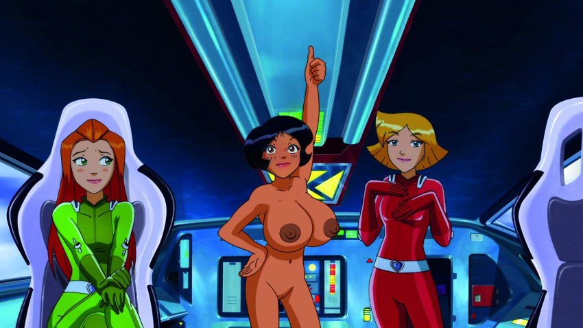 accurate_art_style alex_(totally_spies) belt big_breasts big_nipples black_hair blonde_hair blue_eyes brown_skin casual clothed_female dark_skin edit female footwear green_eyes handwear hazel_eyes huge_breasts human nipples nude nude_female nude_filter orange_hair pale_skin poivoit redhead screenshot screenshot_edit short_hair totally_spies trio yellow_eyes