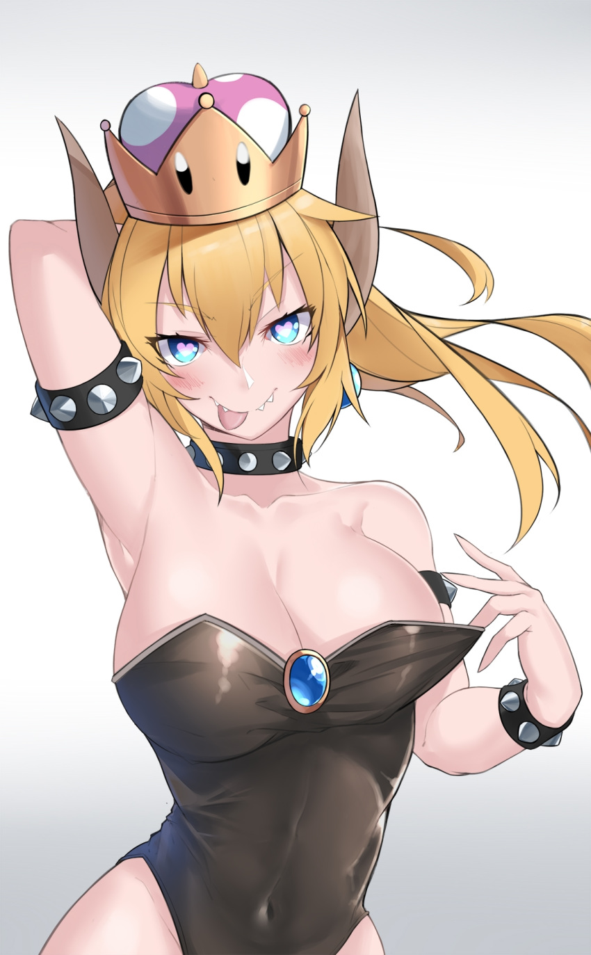 1girls 2d blonde_hair blush bowsette breasts choker cleavage clothed female female_only genderswap heart-shaped_pupils horns large_breasts leotard light-skinned_female light_skin looking_at_viewer mario_(series) mrnn new_super_mario_bros._u_deluxe nintendo pale-skinned_female pale_skin sharp_teeth smile solo teasing