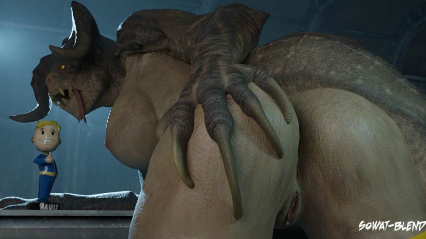 1girls 2018 3d anthro anus ass big_ass big_hands bobblehead breasts claws deathclaw fallout female female_deathclaw female_only hand_on_ass horn horns large_breasts looking_at_viewer nude presenting pussy scalie solo sowat-blend spreading teeth text thick_thighs tongue watermark wide_hips yellow_eyes