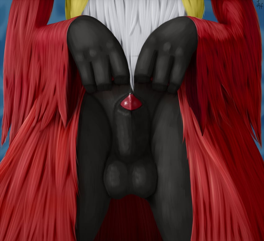 1boy 2018 abstract_background anatomically_correct animal_genitalia animal_penis black_fur canine canine_penis close-up delphox digital_media_(artwork) dress dress_lift fox fur furry lapsushominum male male_only mammal nintendo penis penis_tip pokémon_(species) pokemon pokemon_xy precum presenting red_fur sheath solo testicles text video_games watermark