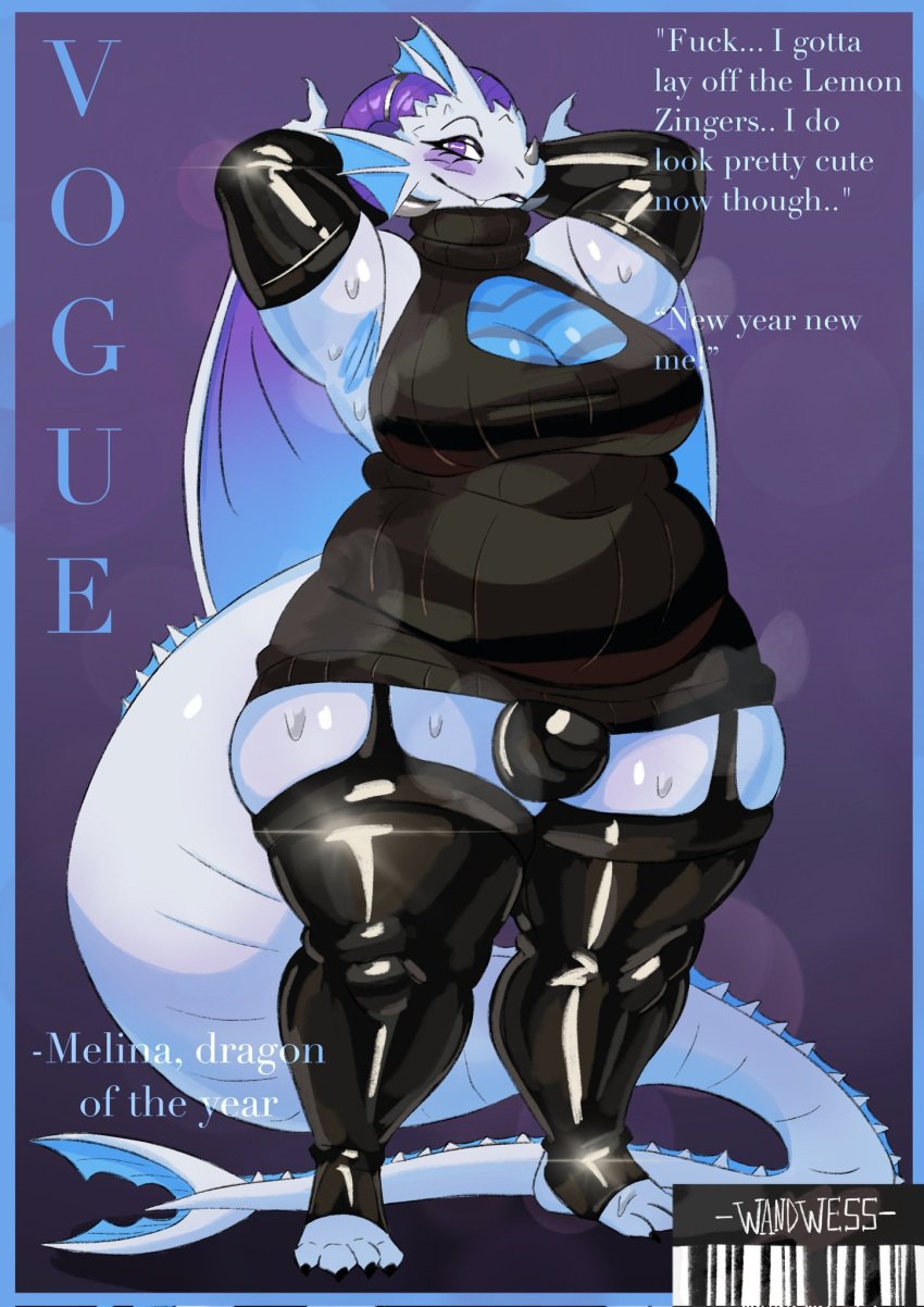 1futa anthro arms_up big_breasts black_dress bulge chubby_anthro chubby_female clothed clothing dickgirl dragon dragon_girl furry futa_only futanari solo thighhighs wandwess