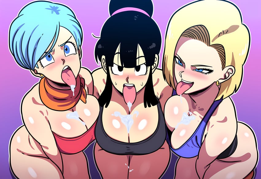 3girls after_fellatio after_oral ahe_gao ai_generated alternate_breast_size android_18 awaiting_cum begging big_breasts black_hair blonde_hair blue_hair breasts_bigger_than_head bulma_briefs chichi cum cum_in_mouth cum_on_breasts dragon_ball dragon_ball_super dragon_ball_z from_above huge_breasts human large_breasts mature_female milf mommy mullon novelai open_mouth robot robot_girl robot_humanoid rolling_eyes saliva tongue tongue_out